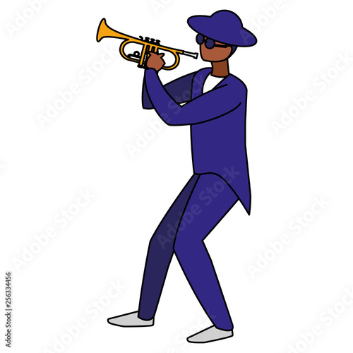 black musician jazz with hat and sunglasses playing trumpet
