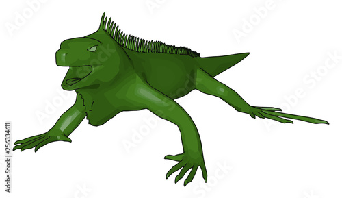 Green scary reptile with tetra pods vector or color illustration