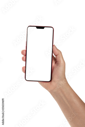 Hand holding smart phone with blank screen isolated on white