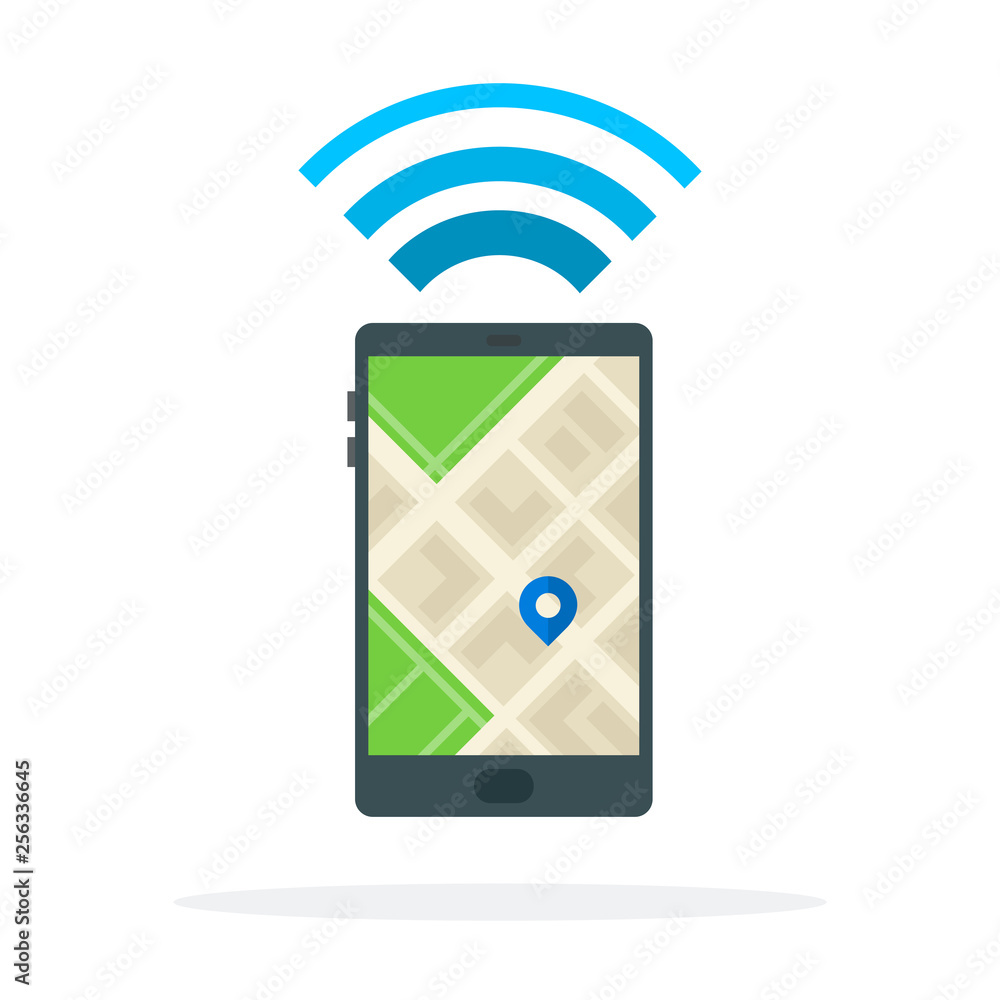 Location signal on phone vector flat material design isolated object on white background. Location signal on phone vector flat material design isolated object on white background.