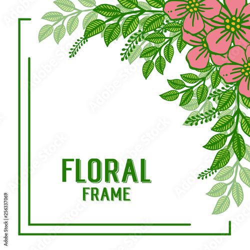 Vector illustration crowd green leaves with pink floral frame