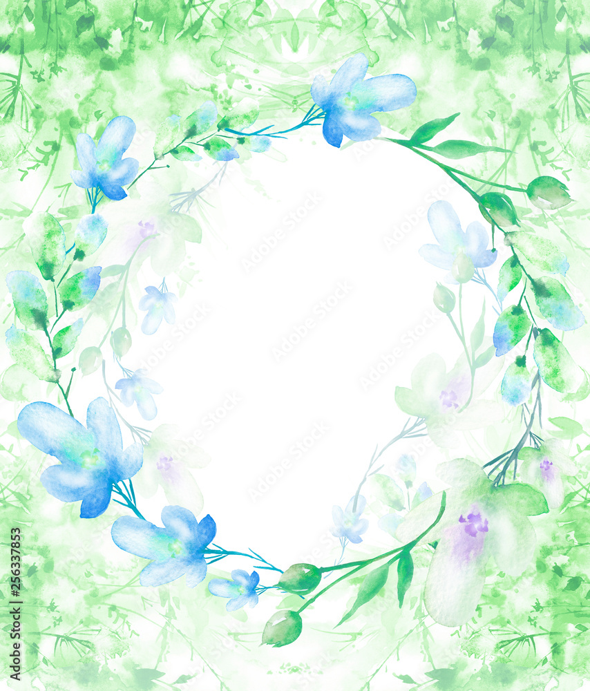 Fototapeta premium Watercolor bouquet of flowers, Beautiful abstract splash of paint, fashion illustration,willow, chamomile, apple flowers, green branch with berry, Apple tree, Linden, field or garden flowers. 