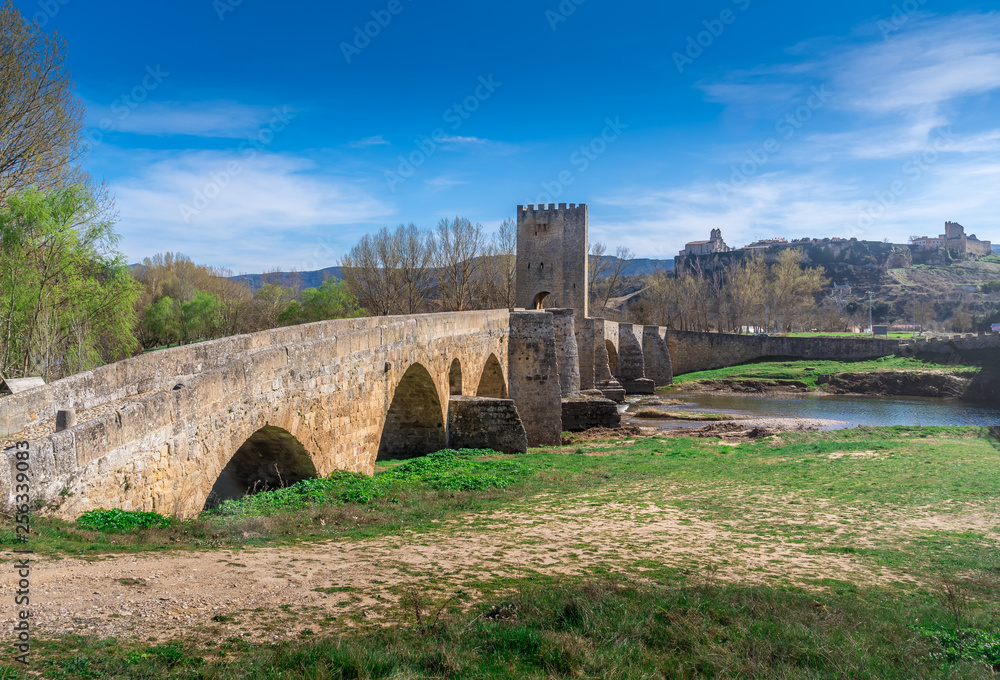 Fototapeta premium Frias medieval village with a fortified bridge and castle near Burgos in Castile and Leon Spain