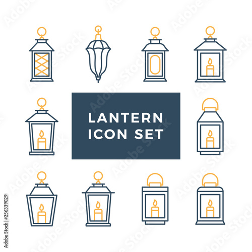 Ramadan vintage lantern set. Islamic antique lamp or light, muslim traditional line art. Vector flat style illustration isolated on white background