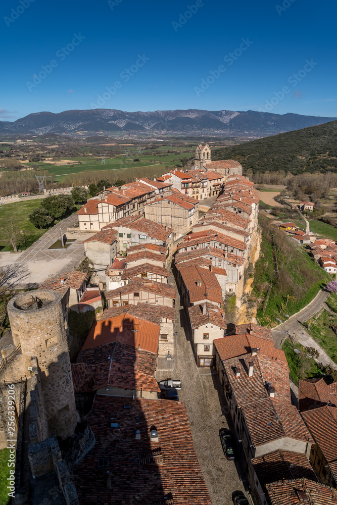 Frias aerial panorama of the medieval village with a castle and fortified bridge near Burgos in Castile and Leon Spain