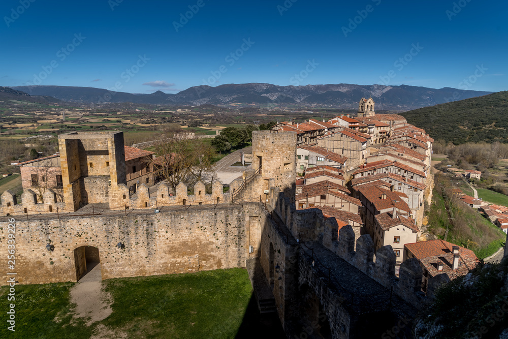 Frias aerial panorama of the medieval village with a castle and fortified bridge near Burgos in Castile and Leon Spain
