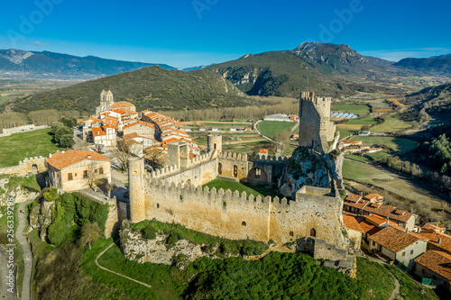 Frias aerial panorama of the medieval village with a castle and fortified bridge near Burgos in Castile and Leon Spain