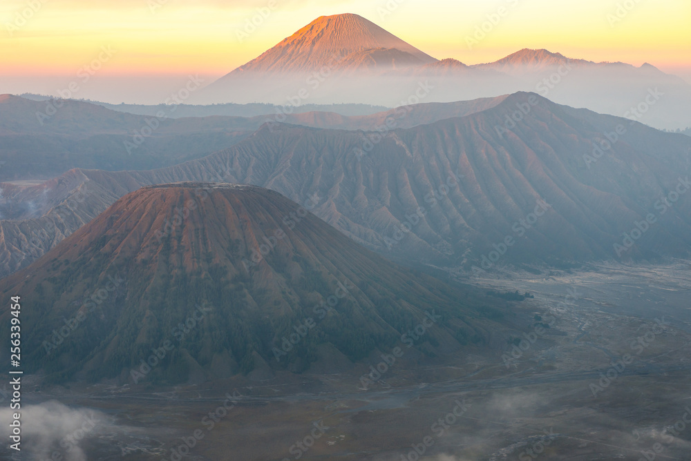 Spectacular view of Mount Bromo at dawn. This is an active volcano part of the Tengger massif, in East Java, Indonesia.