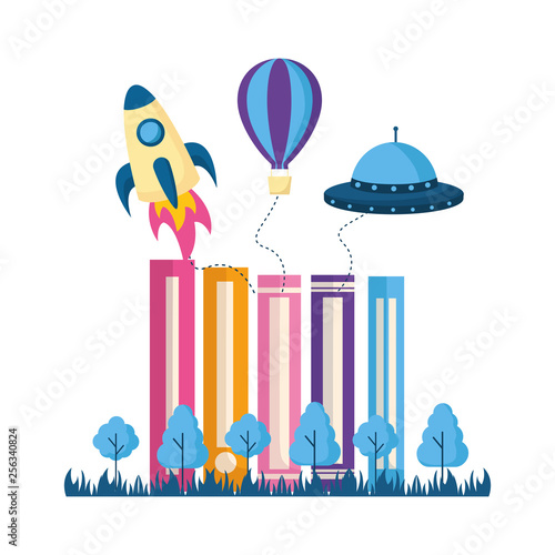 books trees rocket ufo