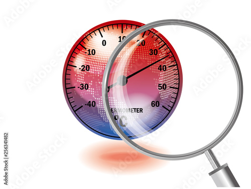 Translucent globe and thermometer, magnifier illustration (red) | Global warming image | Vector data