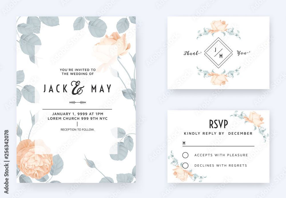 Floral wedding invitation card template design, orange rose flowers