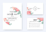 Minimalist floral wedding invitation card template design, pink rose flowers with leaves in circle on white, pastel vintage theme
