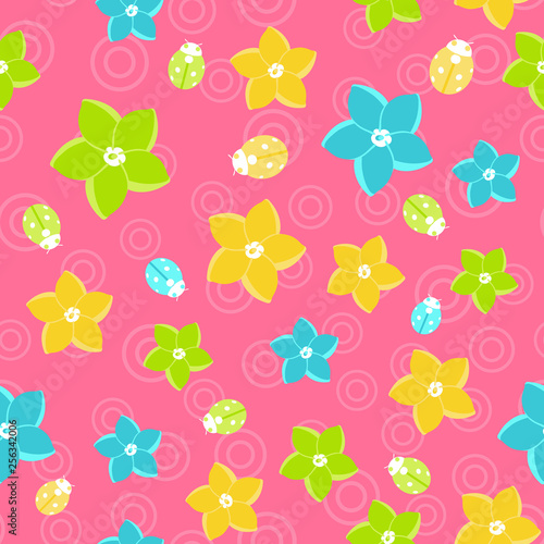 Floral seamless pattern in doodle style on pink background