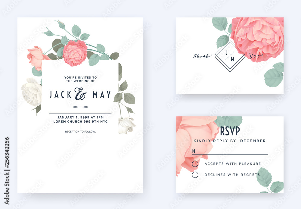 Floral wedding invitation card template design, pink and white rose flowers with leaves on white, pastel vintage theme - obrazy, fototapety, plakaty 