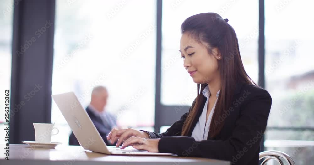 4K Female business executive working on laptop with business group in background. Slow motion. 4K Female business executive working on laptop with business group in background. Slow motion.