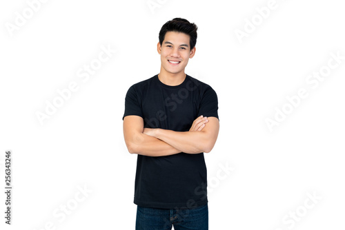 Handsome Asian man in casual black t-shirt with arm crossed