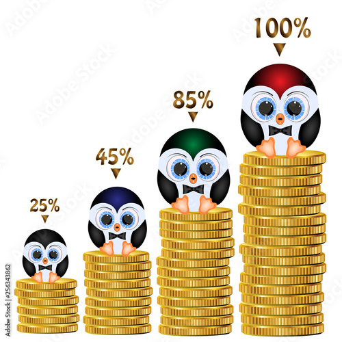 diagram with gold coins. 3d vector illustration. penguin cartoon vector illustration.