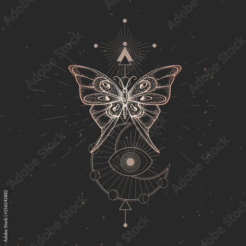 Vector illustration with hand drawn butterfly and Sacred geometric symbol on black vintage background. Abstract mystic sign. © nadezhdash