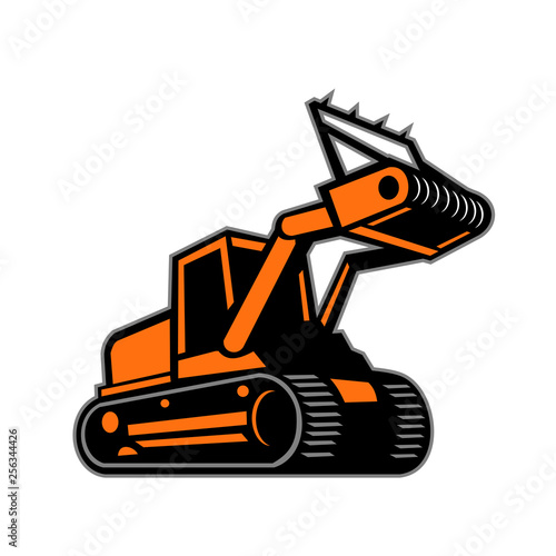 Retro icon style illustration of a tracked mulching tractor or forestry mulcher viewed from side on isolated background.