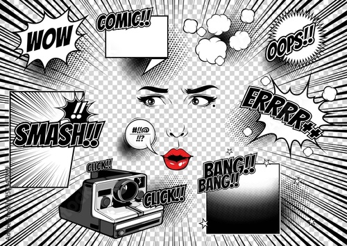 Comic Style, Female Faces, pop art speech bubbles, doodle art, Vector illustration, you can place relevant content on the area.