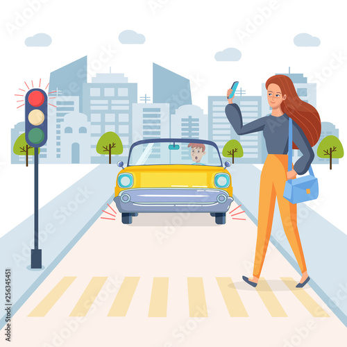 Girl talking the phone and cross the road. There is red light on a traffic lights. Scared driver in the car on the road street. City background