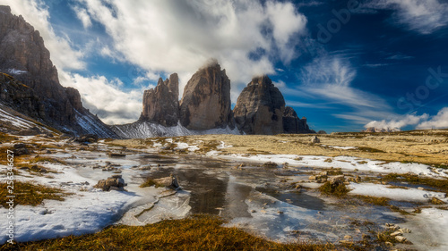 View of the National Park Tre Cime di Lavaredo, Dolomites, South Tyrol. Location Auronzo, Italy, Europe. Dramatic cloudy sky. Beauty world.
