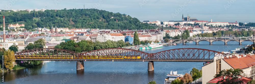 Prague, Czech Republic St. Vitus Cathedral, bridge, train, beautiful view. Prague, Czech Republic St. Vitus Cathedral, bridge, train, beautiful view.