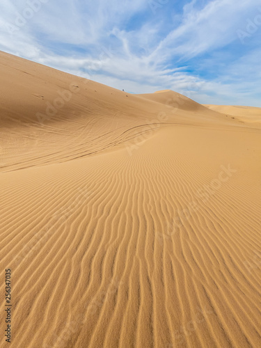 Desert sand dunes ripples in blue sky, White sand dunes in Mui Ne, Vietnam.