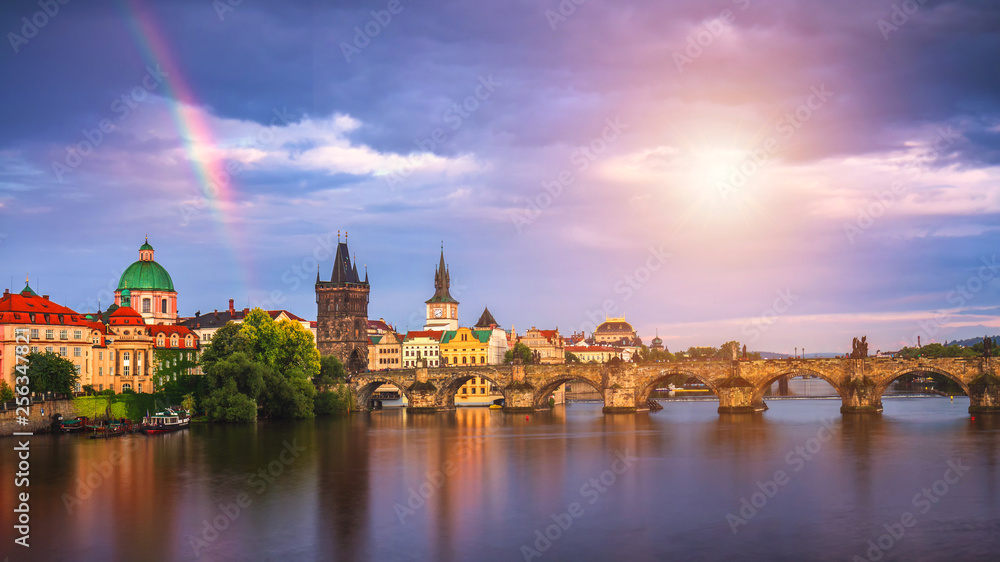 Rainbow over Charles Bridge after a storm in the summer, Prague, Czech Republic