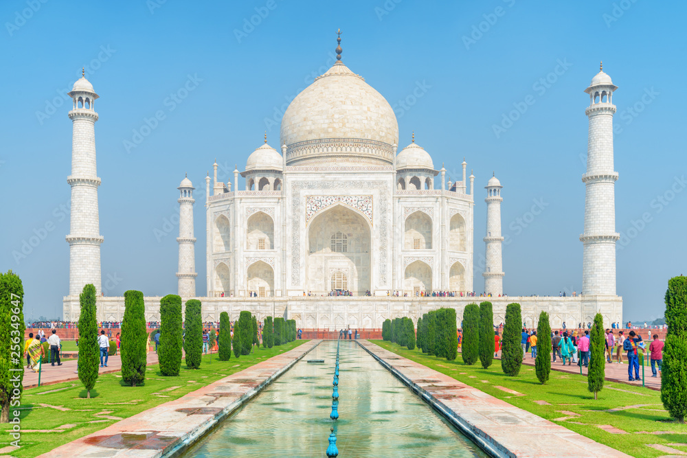Main view of the Taj Mahal on blue sky background