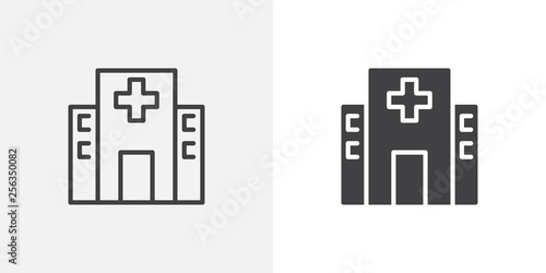 Hospital building icon. line and glyph version, outline and filled vector sign. Clinic with medical cross linear and full pictogram. Symbol, logo illustration. Different style icons set
