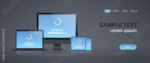 internet connection software installation new gadgets system update tablet smartphone pc screen network technology concept gray background copy space