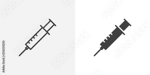 Medical syringe icon. line and glyph version, outline and filled vector sign. Injection vaccination syringe linear and full pictogram. Symbol, logo illustration. Different style icons set