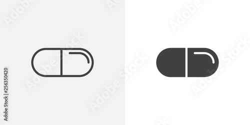 Medicine capsule icon. line and glyph version, outline and filled vector sign. Medical pills linear and full pictogram. Symbol, logo illustration. Different style icons set