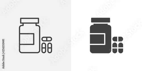 Medical pills bottle icon. line and glyph version, outline and filled vector sign. Medicine capsule linear and full pictogram. Symbol, logo illustration. Different style icons set