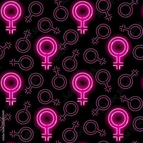 Neon female signs seamless pattern. Pink glowing venus mirror symbols on black background. Girly of feminist concept. Vector 10 EPS illustration.