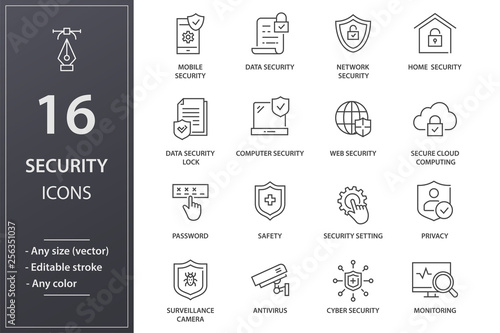 Security line icons set. Black vector illustration. Editable stroke. 