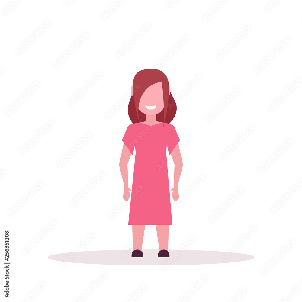 happy brownhair girl standing pose little child female cartoon character full length flat white background happy brownhair girl standing pose little child female cartoon character full length flat white background