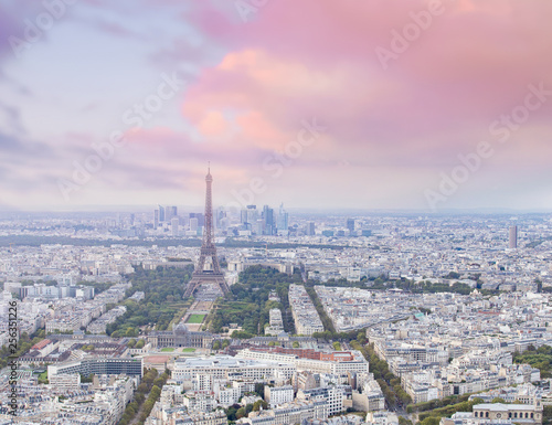 Sunset Eiffel tower and Paris city view form Montparnasse. Sunset romantic background. Eiffel Tower from Champ de Mars, Paris, France.