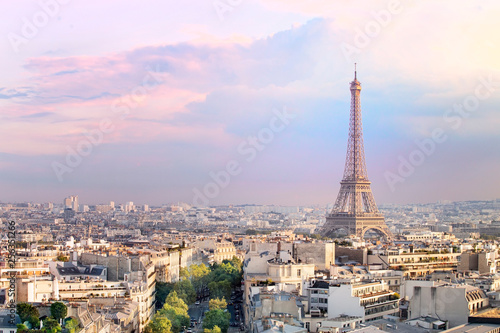 Sunset Eiffel tower and Paris city view form Triumph Arc. Eiffel Tower from Champ de Mars  Paris  France. Beautiful Romantic background.