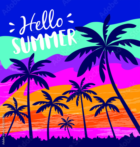 Hello Summer design for summer holiday, banner, poster, invitation, website or social media. © catherinecml