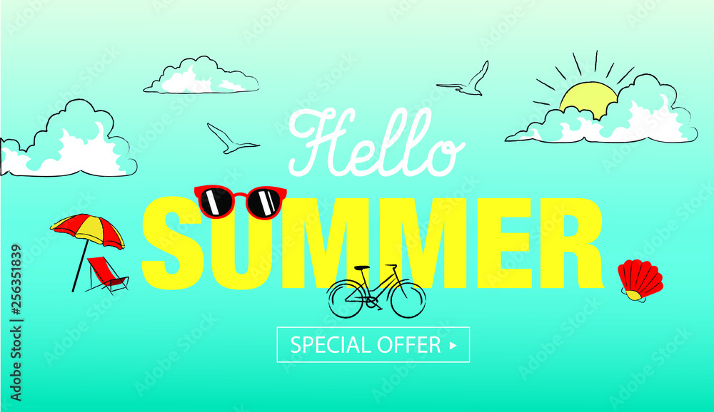 Hello Summer sale hand drawn design for summer holiday, banner, poster, invitation, website or social media.