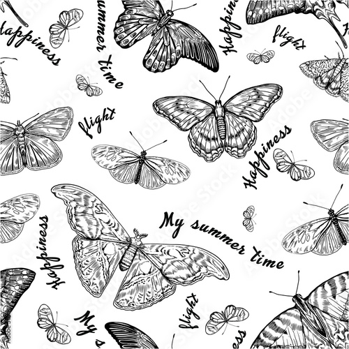 Vintage butterfly vector seamless background with text lines.