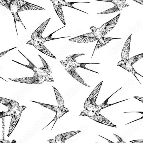 Hand drawn vector flying swallows seamless background.