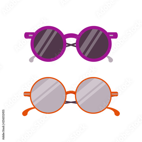 Woman summer sunglasses icon. Man and girl circle glasses in flat design. Hipster trendy eyeglasses.