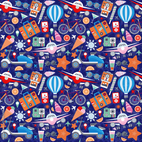 Summer holiday travel seamless pattern for backgrounds, wrapping paper and print on textile or fabric. Traveling around the world elements, colorful repeating ornament with ready for adventure icons.