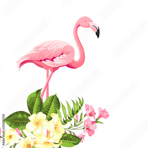 Tropical birds and flowers illustration. Fashion summer print for wrapping  fabric  invitation card and your template design. Vector illustration.