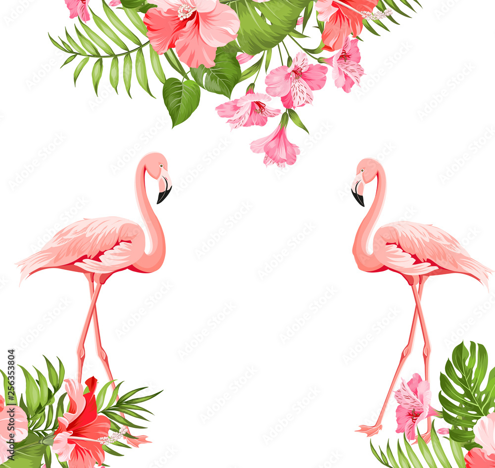 Naklejka premium Flamingo bird and plumeria flowers isolated over white background. Tropical birds and flowers illustration. Fashion summer print for invitation card and your template design. Vector illustration