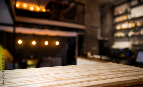 Wallpaper Mural blurred background of bar and dark brown desk space of retro wood Torontodigital.ca