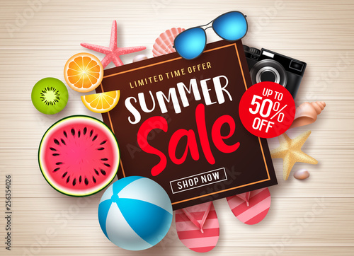 Summer sale vector banner template. Summer sale promotional discount text in frame with colorful summer elements and tropical fruits in wood texture background. Vector illustration. 